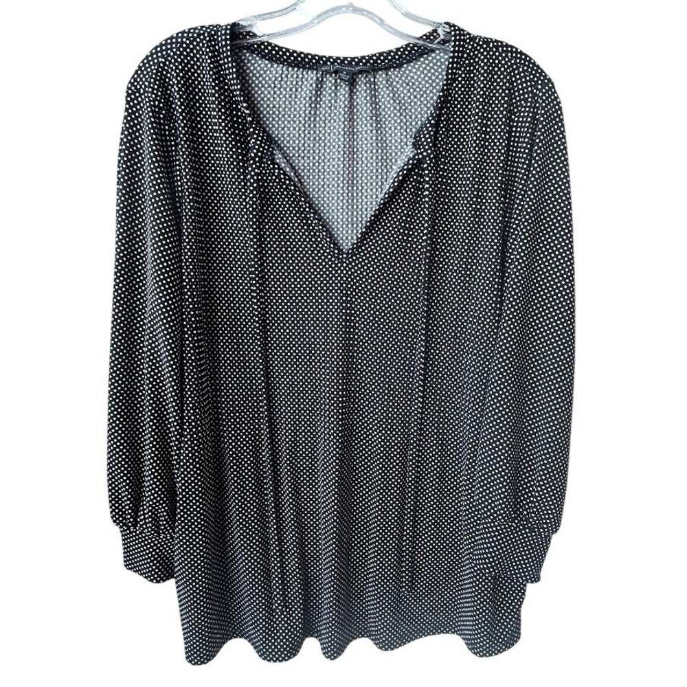 Adrianna Papell Womens Black White Polka Dot‎ V-Neck Blouse Top Size M